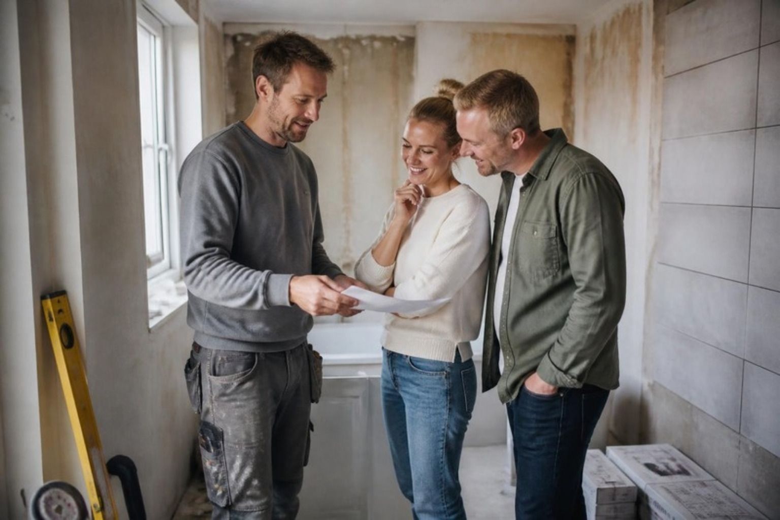 Håndværker i arbejdstøj viser et tilbud på papir til et smilende par i et badeværelse under renovering